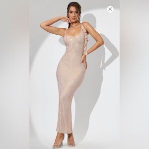 OH Polly Annelise Embellished Draped Ruffle Maxi Dress in Champagne US 8 UK 12